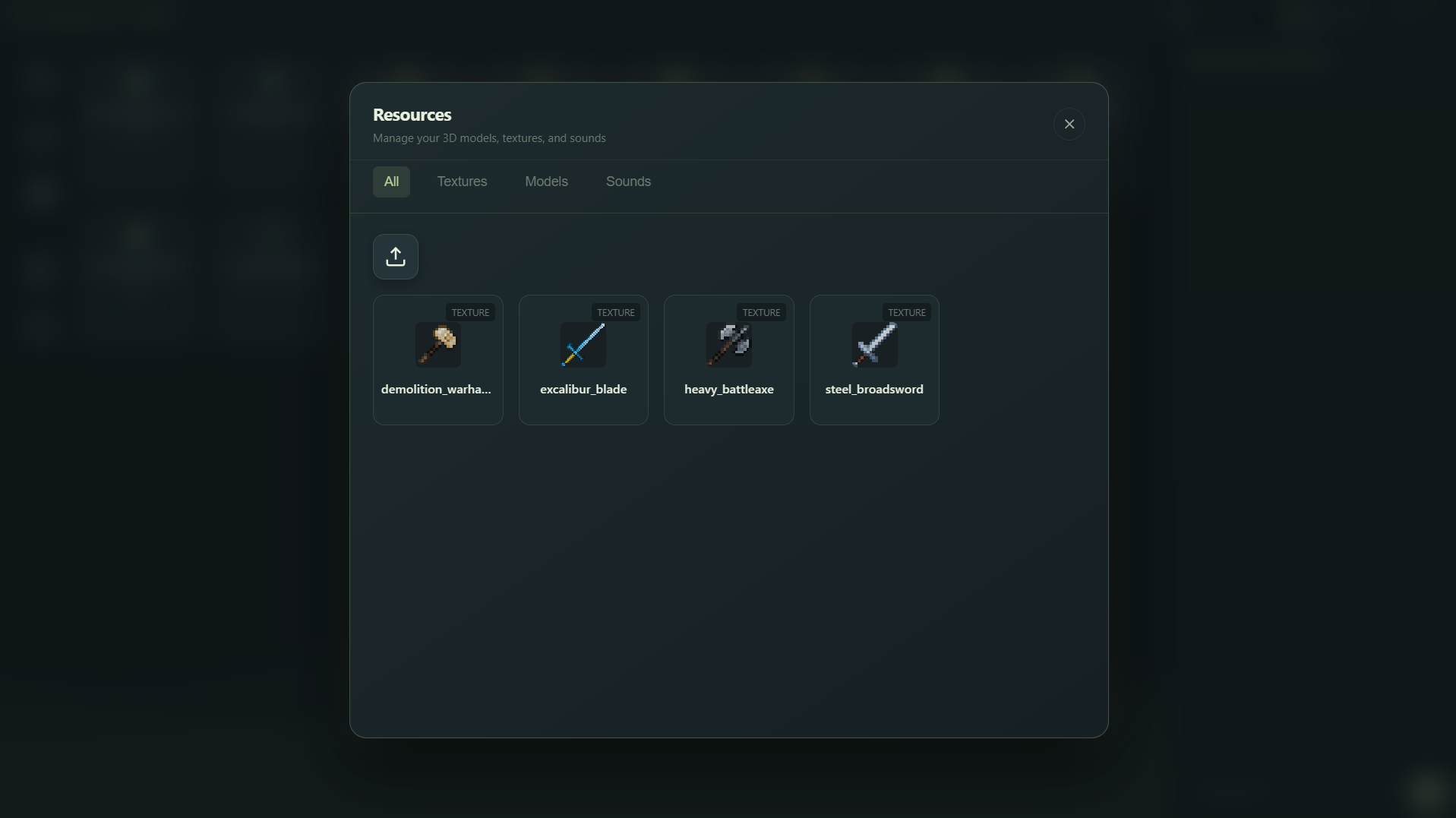 Resources manager with imported textures for swords, axes and hammers